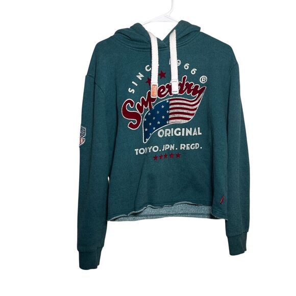SuperDry Sweatshirt Women's 10 Cropped Logo Hoodie Pullover Embroidered - Picture 1 of 12